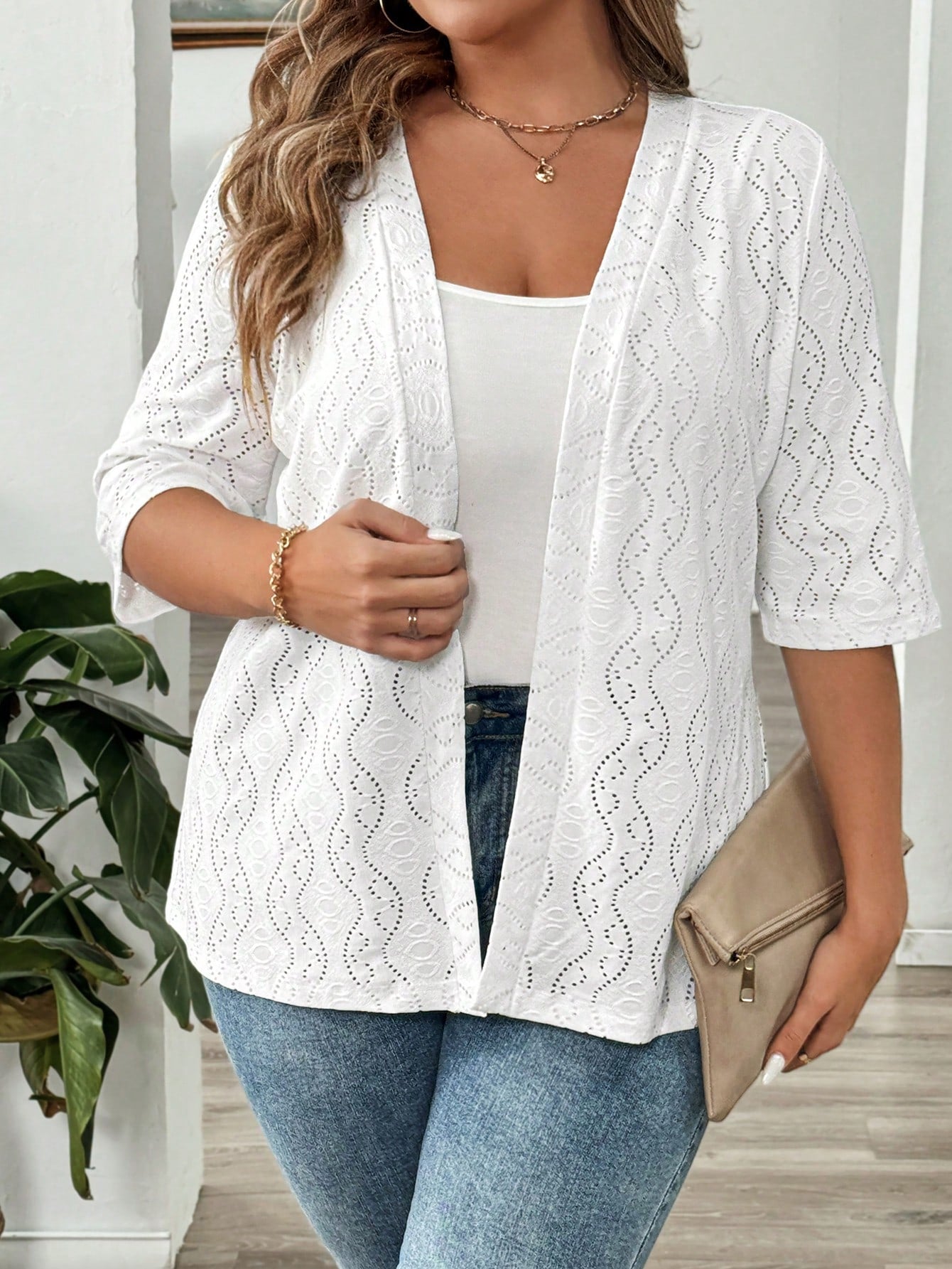 Plus Size Women's Summer Solid Color Short Sleeve Open-Front Casual Jacket