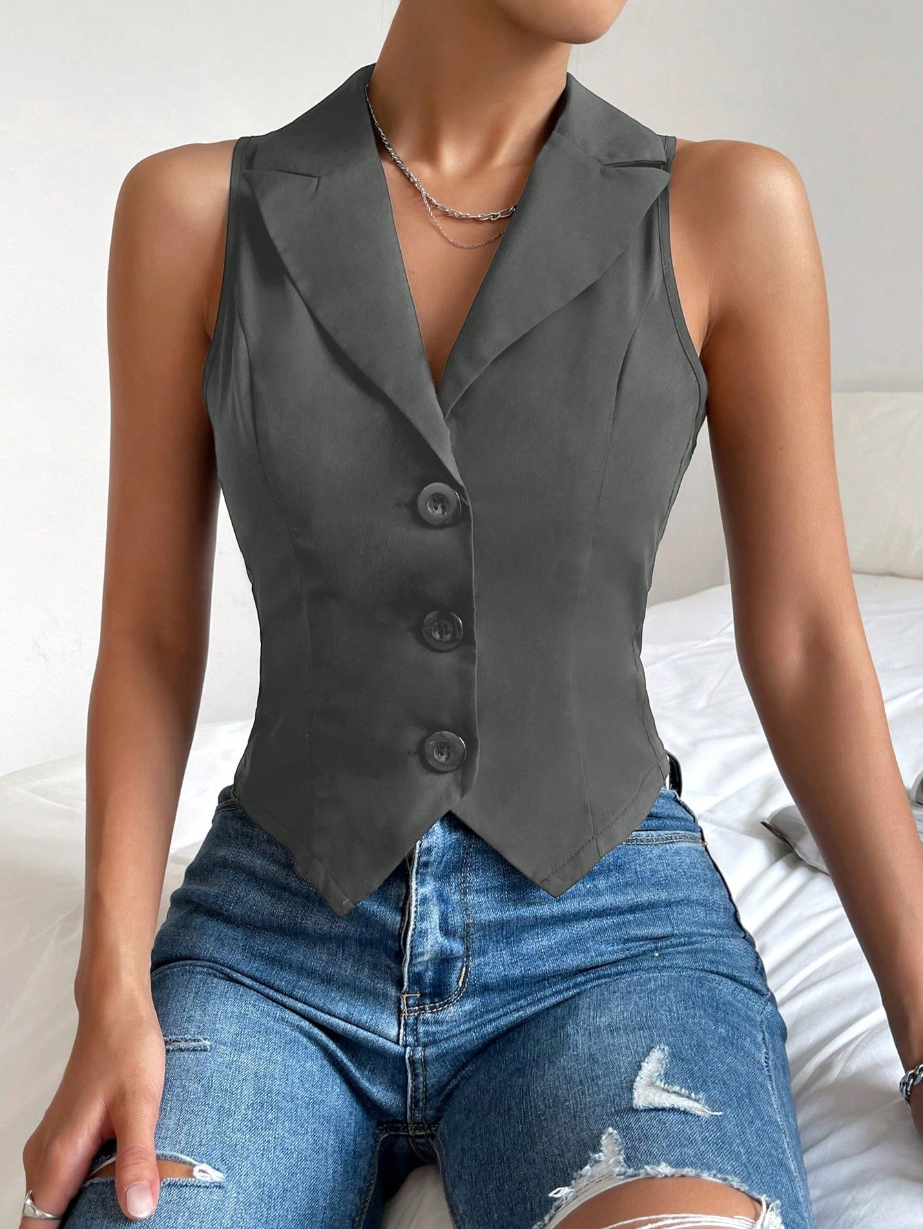 Lapel Collar Button Front Waistcoat