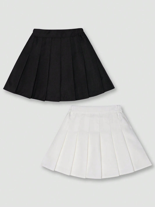 2pcs Black & White Schoolgirl Style Pleated Skirt Set For Tween Girls