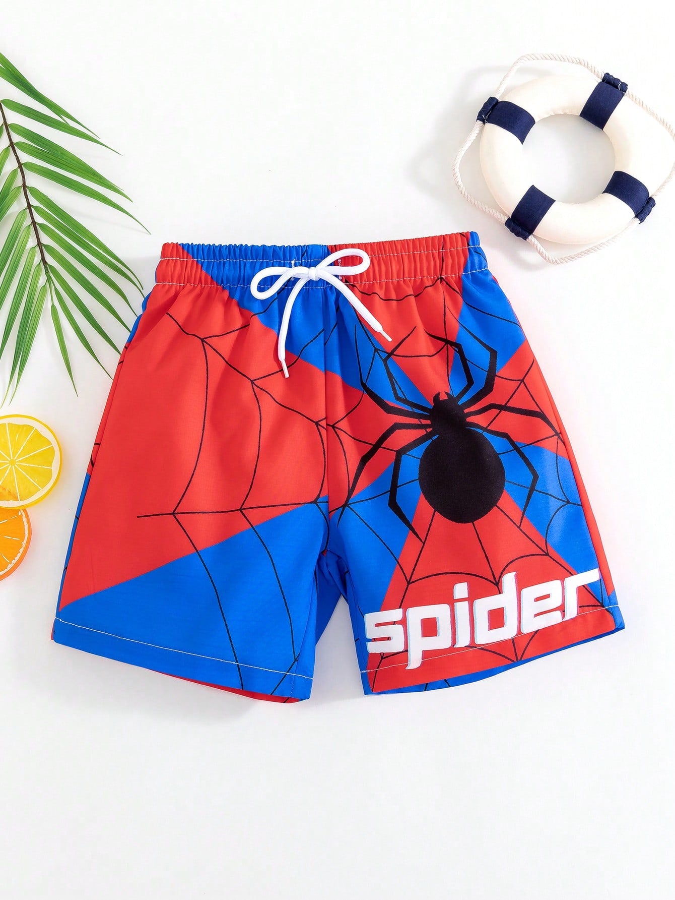 Young Boy Beach Holiday Spider & Letter Print Drawstring Waist Swimwear Shorts