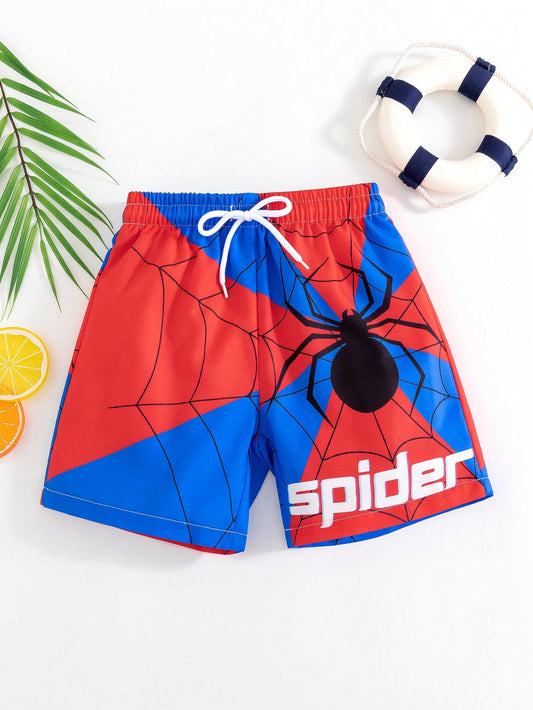 Young Boy Street Style Casual Color Block Swim Trunks With Spider Cartoon Print, Loose And Comfortable Beach Shorts, Suitable For Summer Vacation, Beach And Surfing