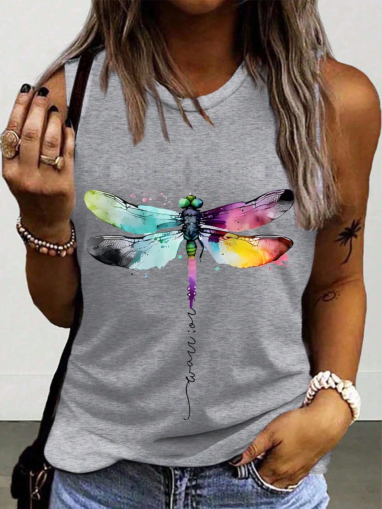 Ladies' Dragonfly Printed Round Neck Tank Top