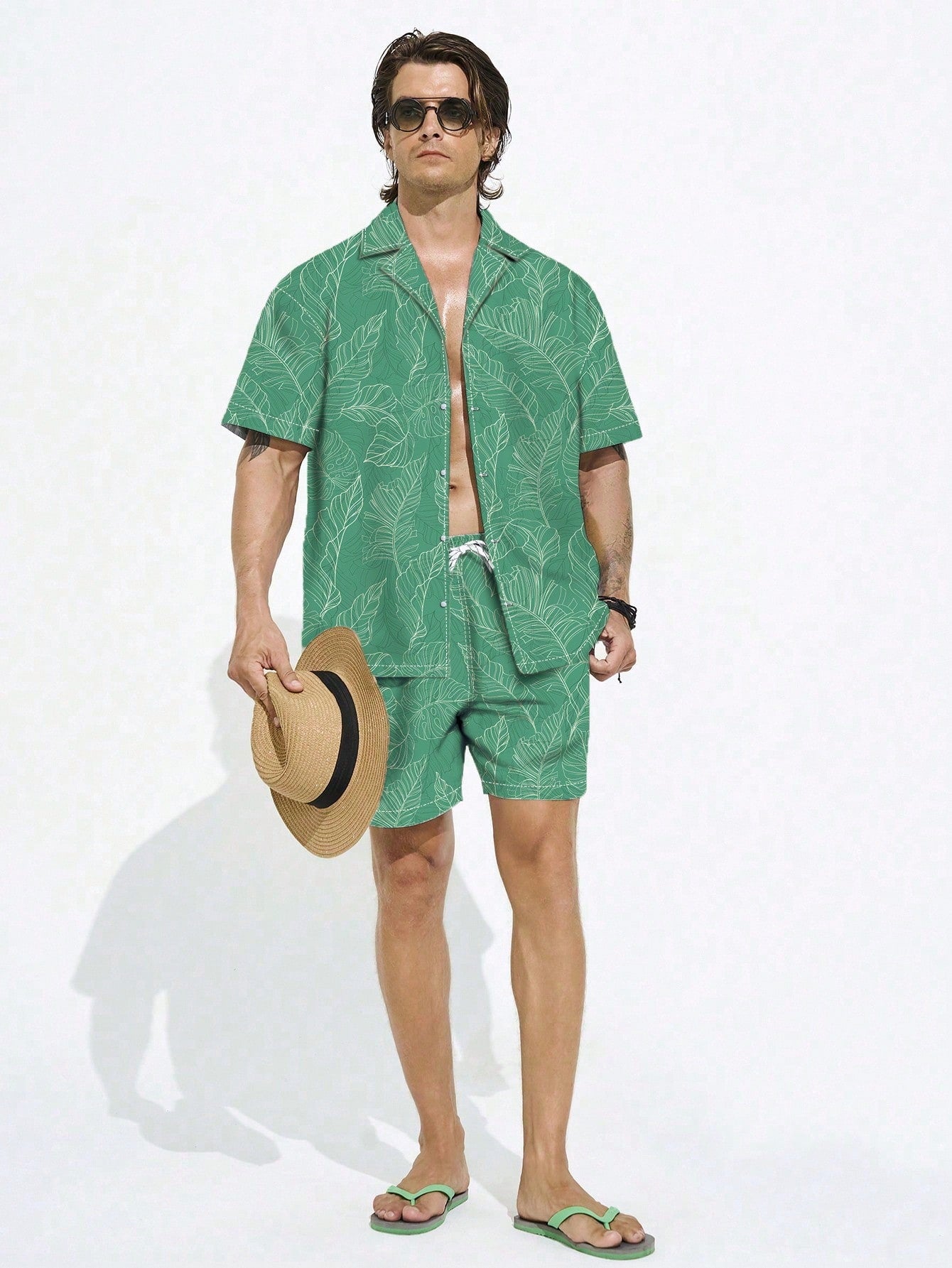 Men's Vacation Casual Plant Allover Print Short Sleeve Shirt And Shorts Beach Set