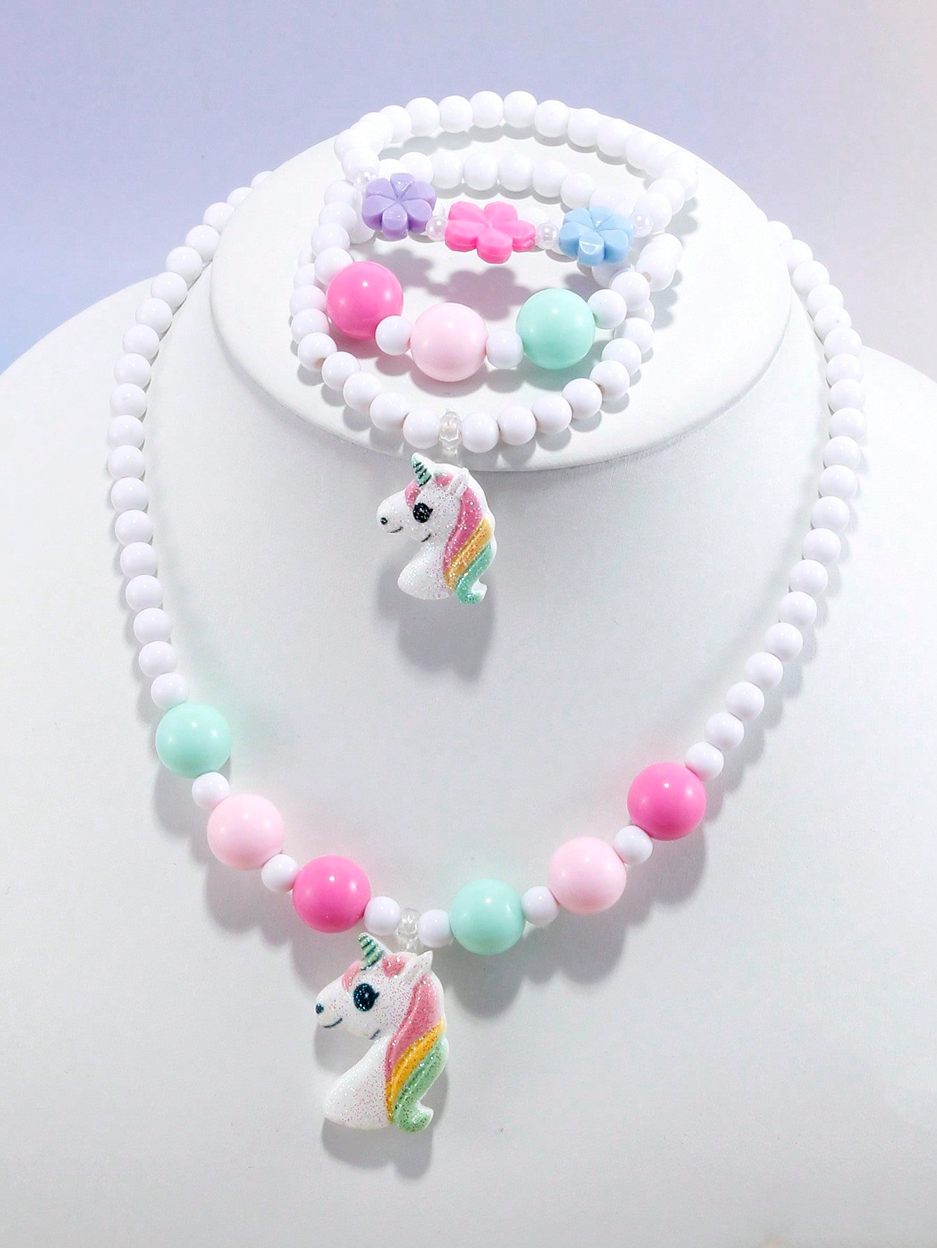 4pcs Girls' Lovely Unicorn Charm Beaded Bracelet And Necklace Set, Random Color, Suitable For All Seasons And Daily Wear