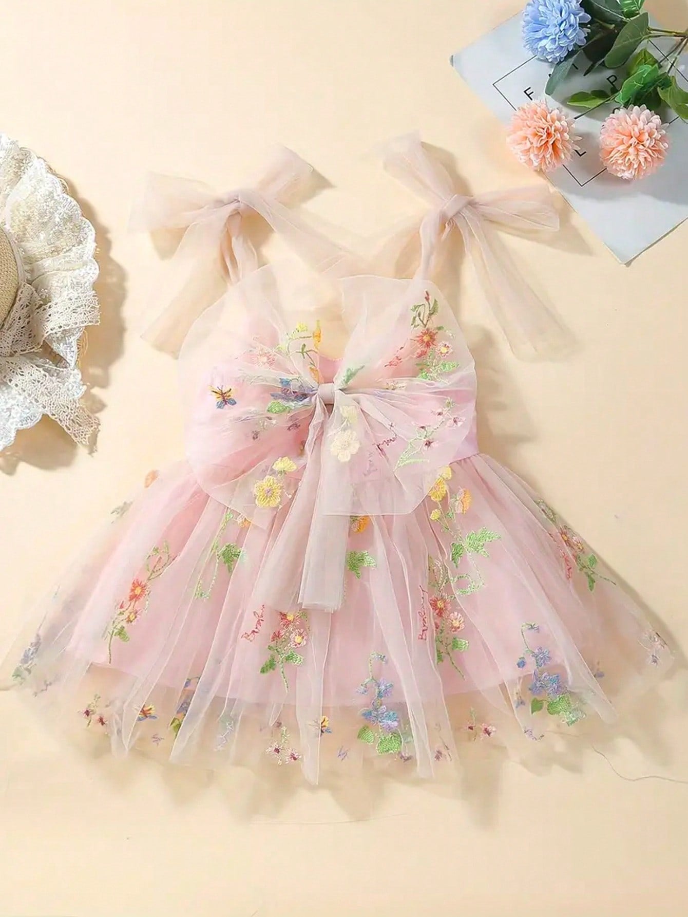 1pc Young Girl Cute Ladylike Elegant Gorgeous Sweet Princess Ribbon Bow Embroidered Floral Puffy Tulle Tutu Skirt For Parties, Events, Beach, Birthdays, Spring And Summer