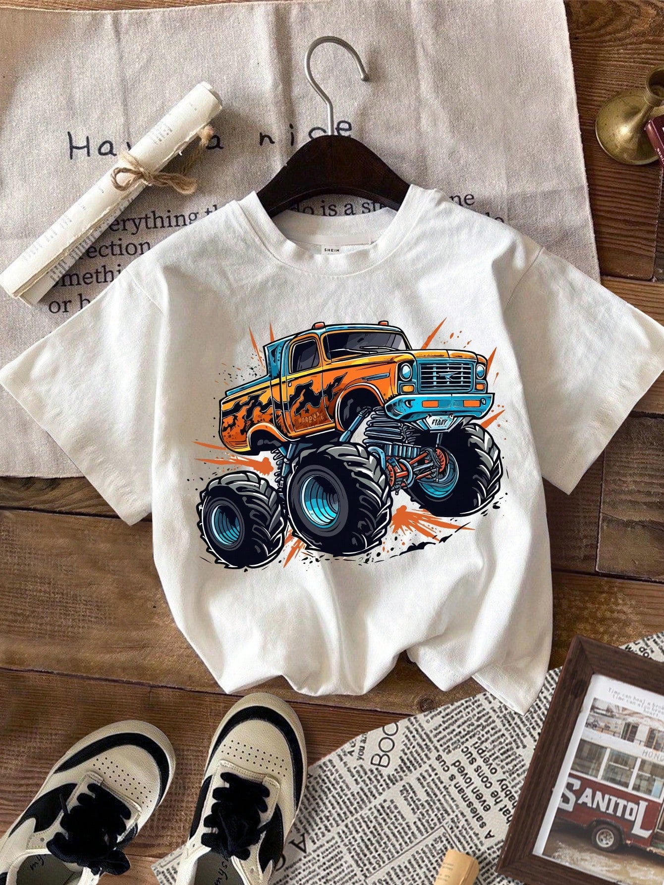 Fire Monster Track & Young Boy Casual Simple Cartoon Car Pattern Short Sleeve T-Shirt, Suitable For Summer