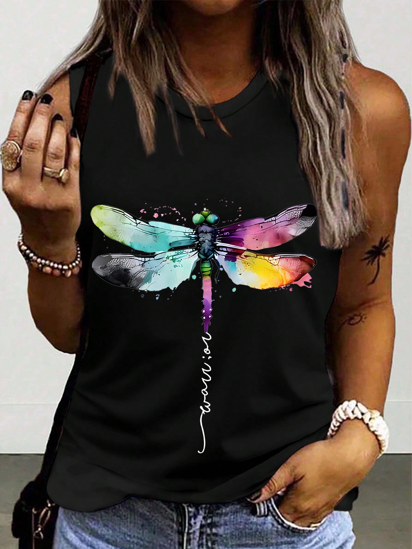 Ladies' Dragonfly Printed Round Neck Tank Top