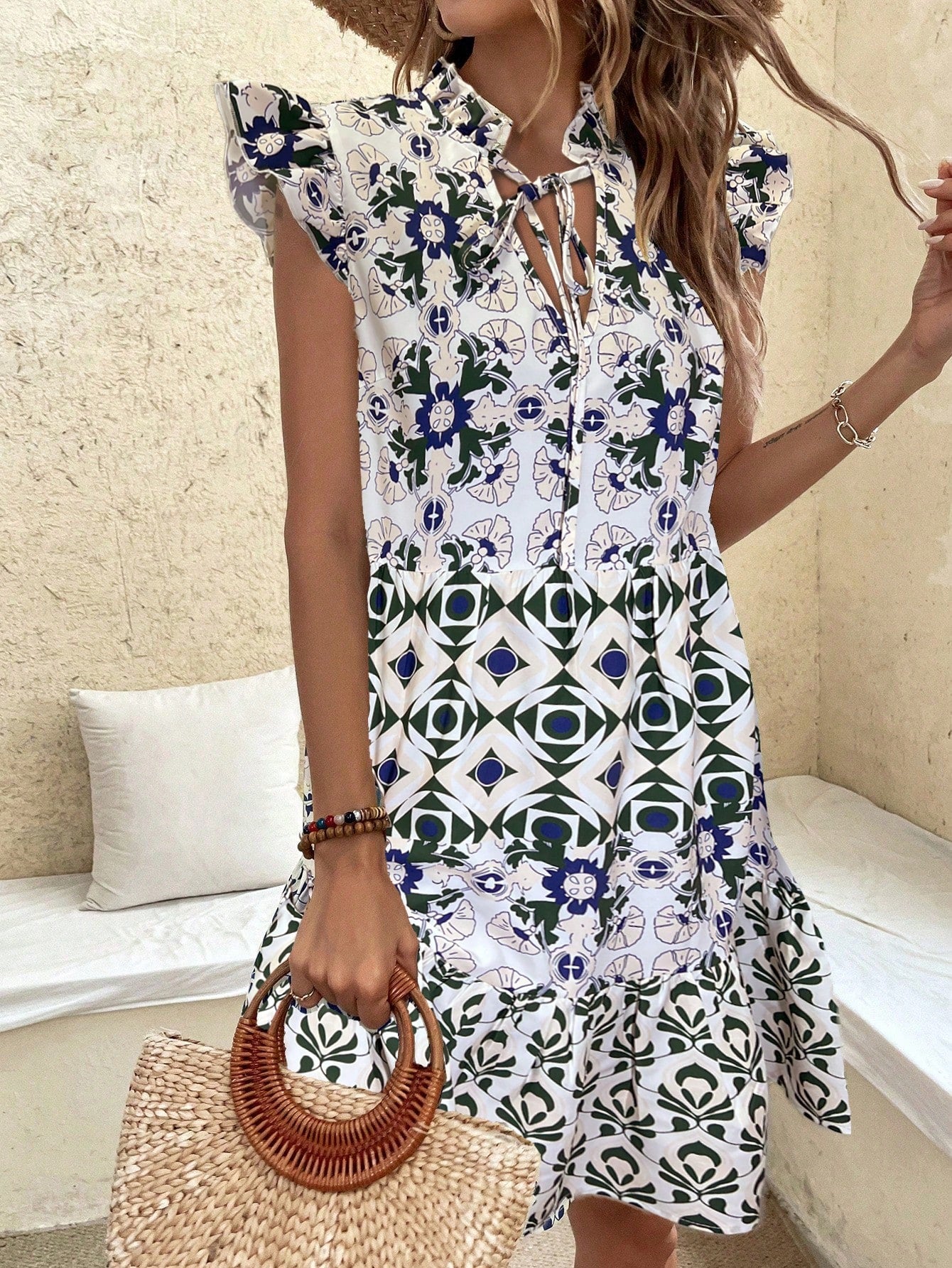 Ladies' Fashionable Cap Sleeve Printed Vacation Style Dress