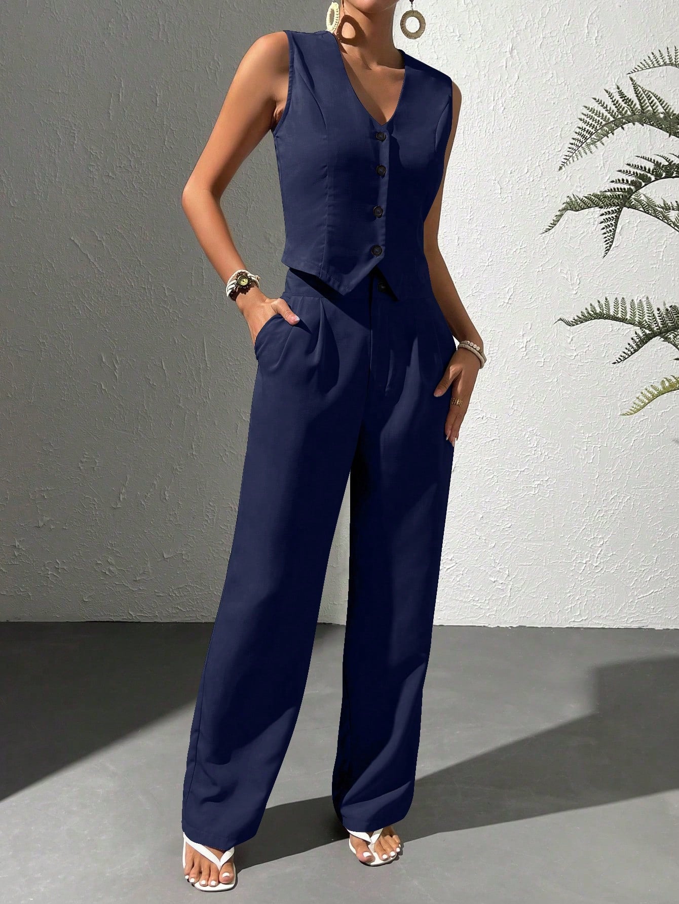 Women's Summer Solid Color Single Breasted Suit Vest And Pants Casual Work Outfit