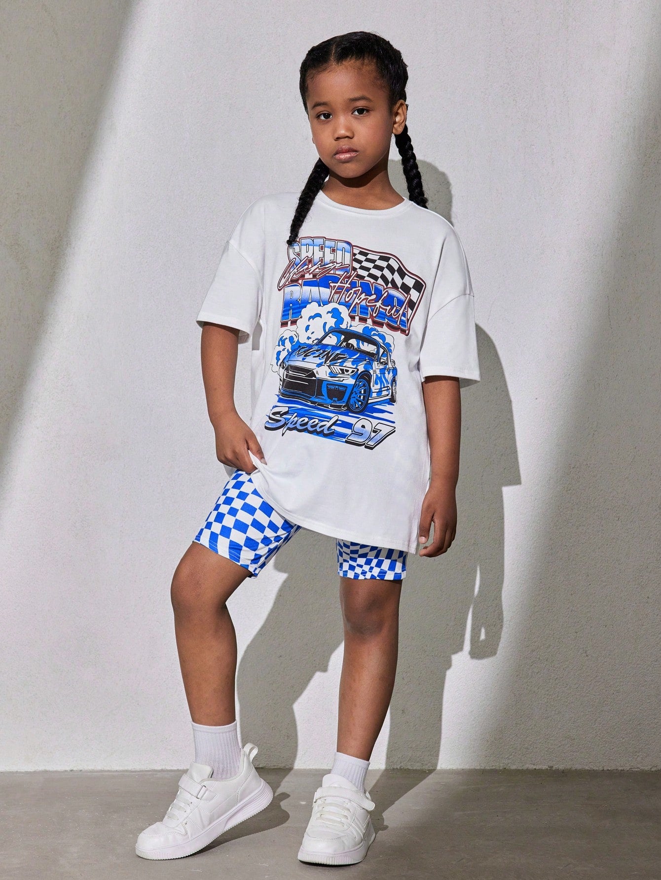 Tween Girl Cool Street Style Knit Round Neck Short Sleeve T-Shirt And Plaid Pattern Shorts Set