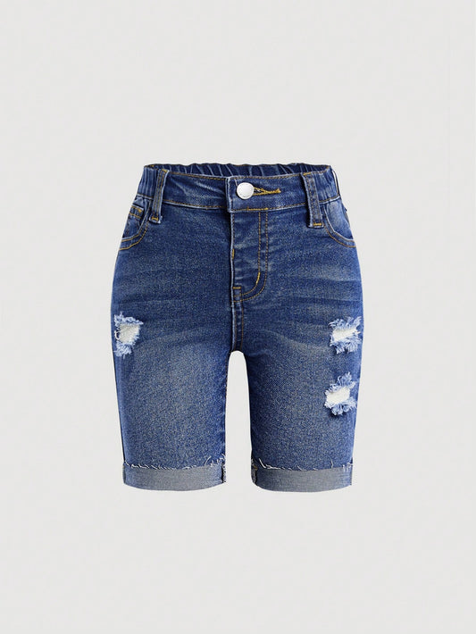 Young Girl Summer Blue Ripped Denim Shorts