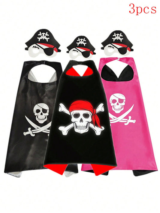 3pcs Children's Pirate Costume Set With Cartoon Mask And Halloween Cape, Role Playing Party Performance Cloak With Eye Mask