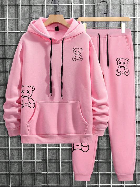 Men's Plus Size Casual Fleece Hoodie And Sweatpants Set With Bear Print And Drawstring