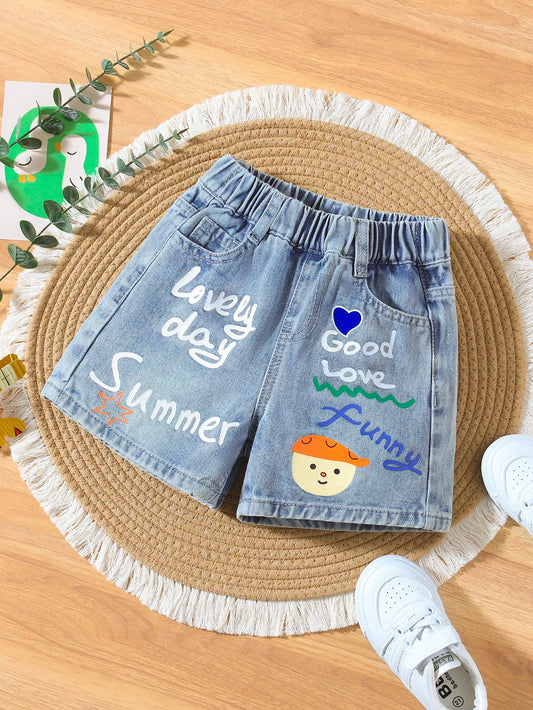 Young Boy Cartoon Graffiti Loose Fit Straight Leg Denim Shorts, Fashionable And Versatile