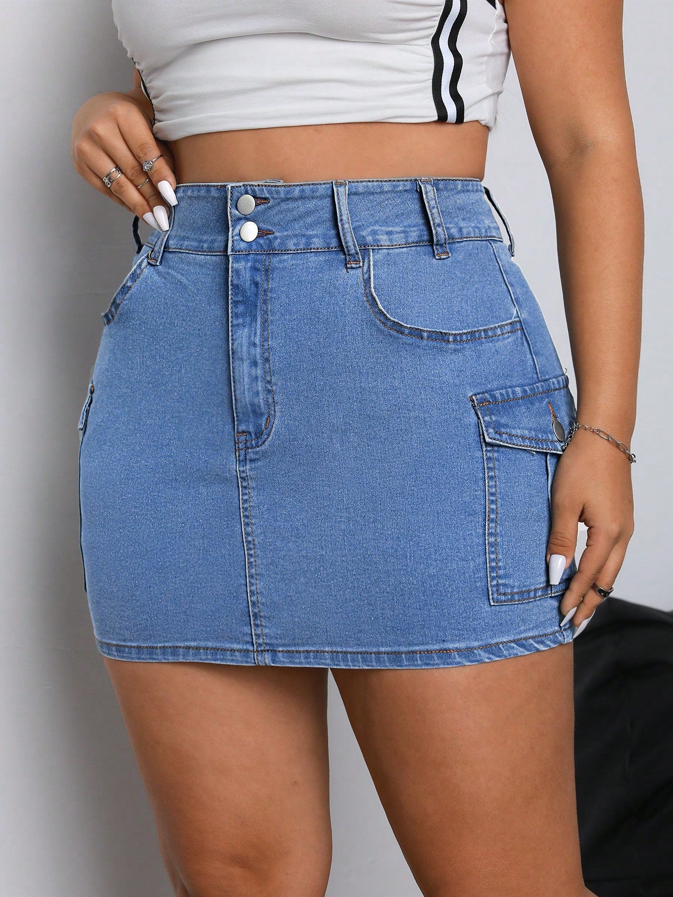 Plus Flap Pocket Side Denim Skirt