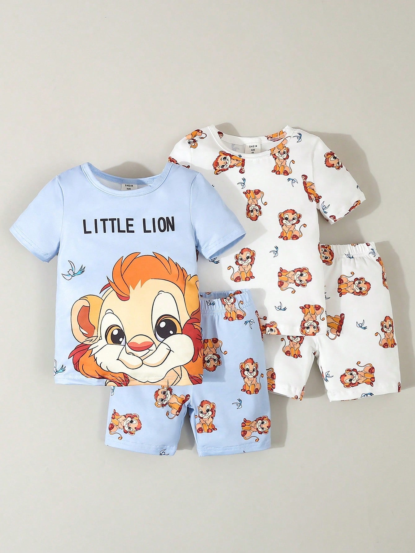 Young Boy Simple And Cute Cartoon Lion Printed Round Neck Short Sleeve T-Shirt With Shorts, 2-Piece Casual And Home Wear Outfit