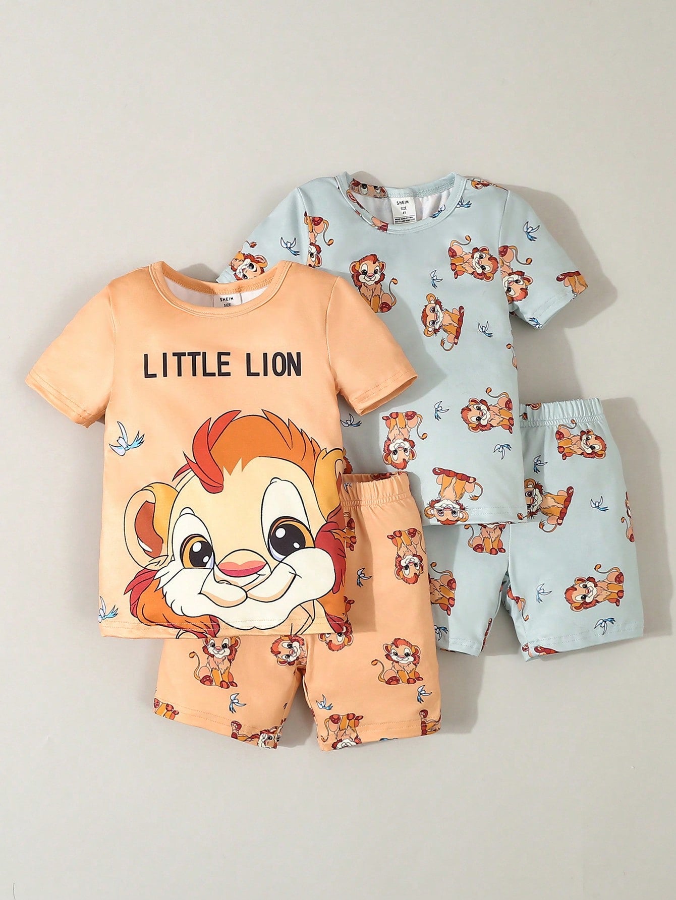 Young Boy Simple And Cute Cartoon Lion Printed Round Neck Short Sleeve T-Shirt With Shorts, 2-Piece Casual And Home Wear Outfit