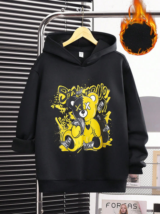 1pc Teen Boy Street Style Loose Fit Cartoon Bear Pattern Hoodie, Autumn & Winter, Perfect For Traveling