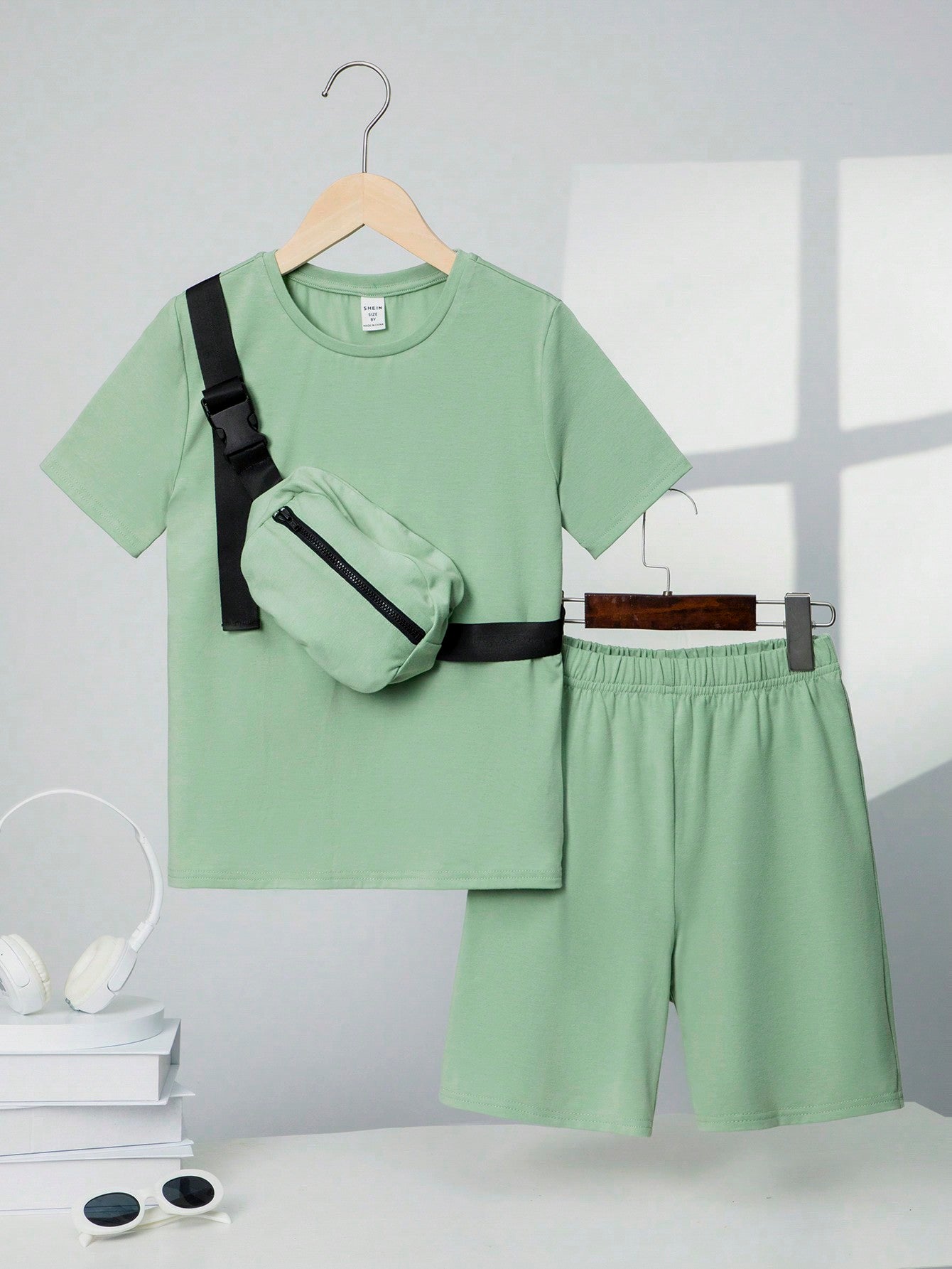 Tween Boys Extended Size Casual Solid Color All-Match Round Neck Short Sleeve T-Shirt And Shorts Set With Knitted Crossbody Bag, 3pcs