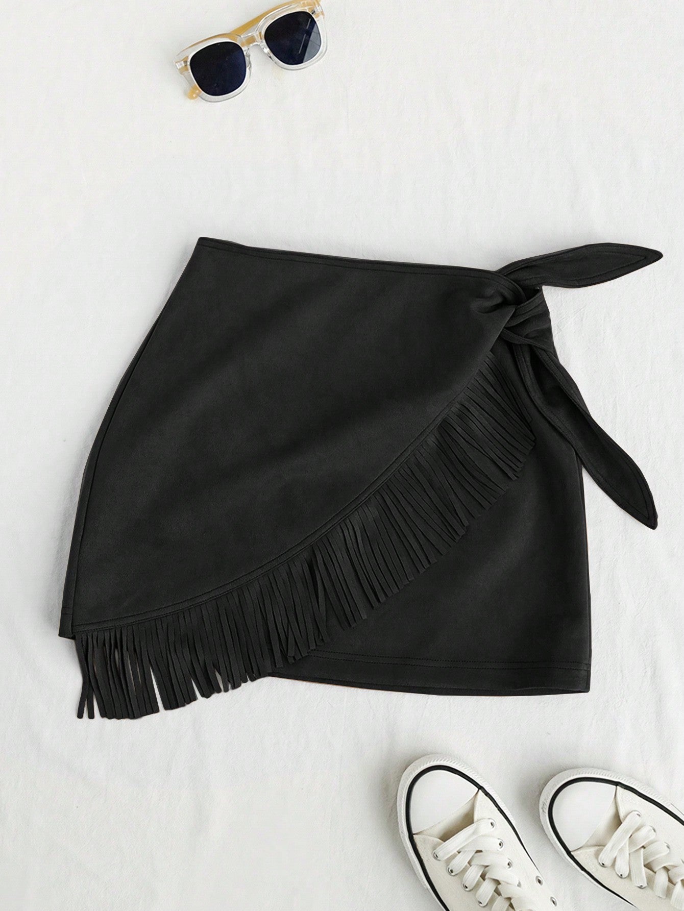 Vacation High Waisted Faux Suede Fringe Decorated Tie Skirt