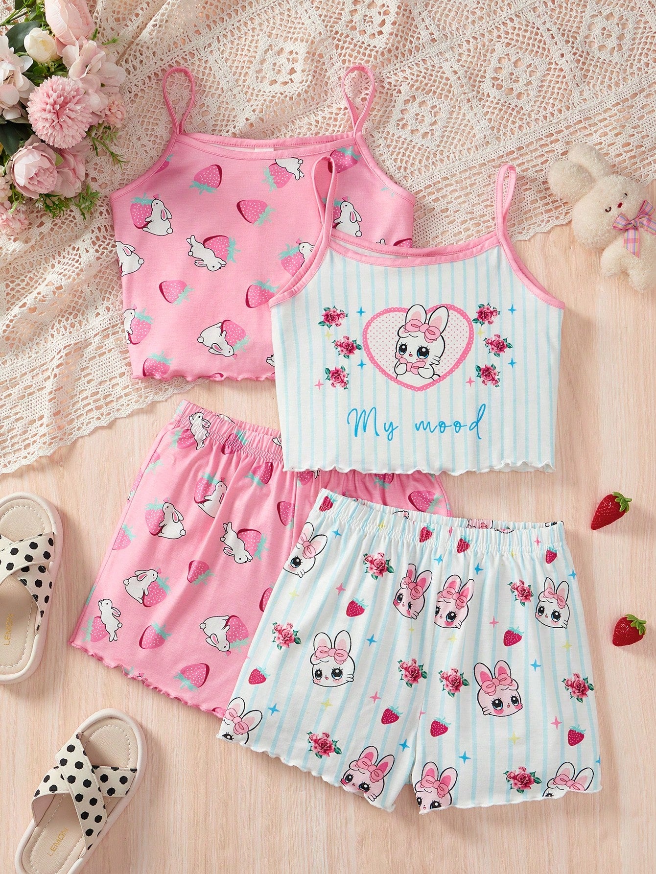 4pcs/Set Tween Girl Comfortable And Breathable Rabbit Patterned Tank Top, Shorts, Flame Retardant Homewear Pajama Set, Summer