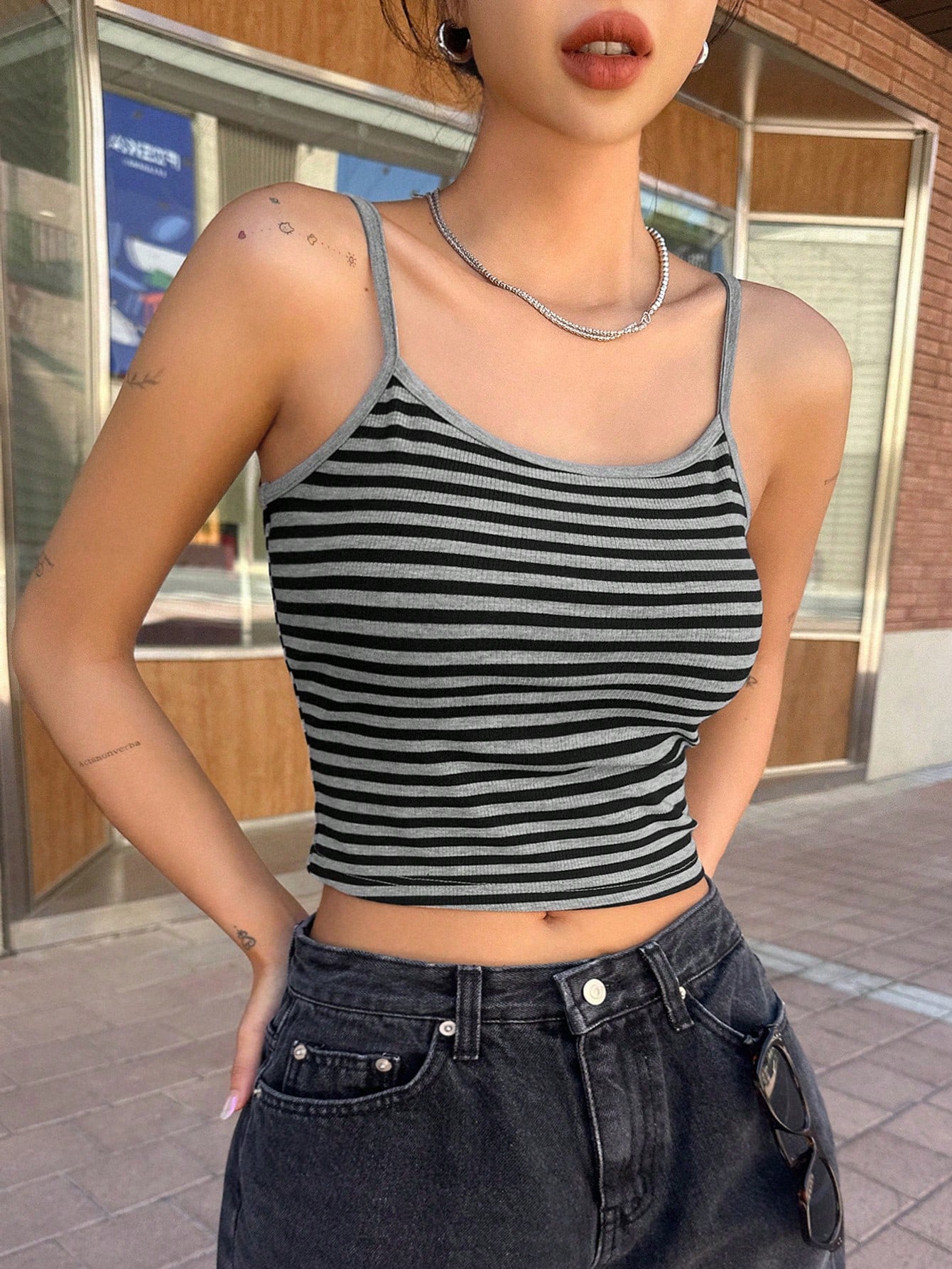 Women's Striped Slim Fit Cropped Camisole Top