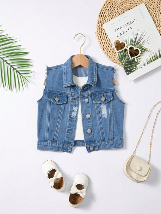 Medium Wash Blue Distressed Sleeveless Denim Jacket For Little Girls