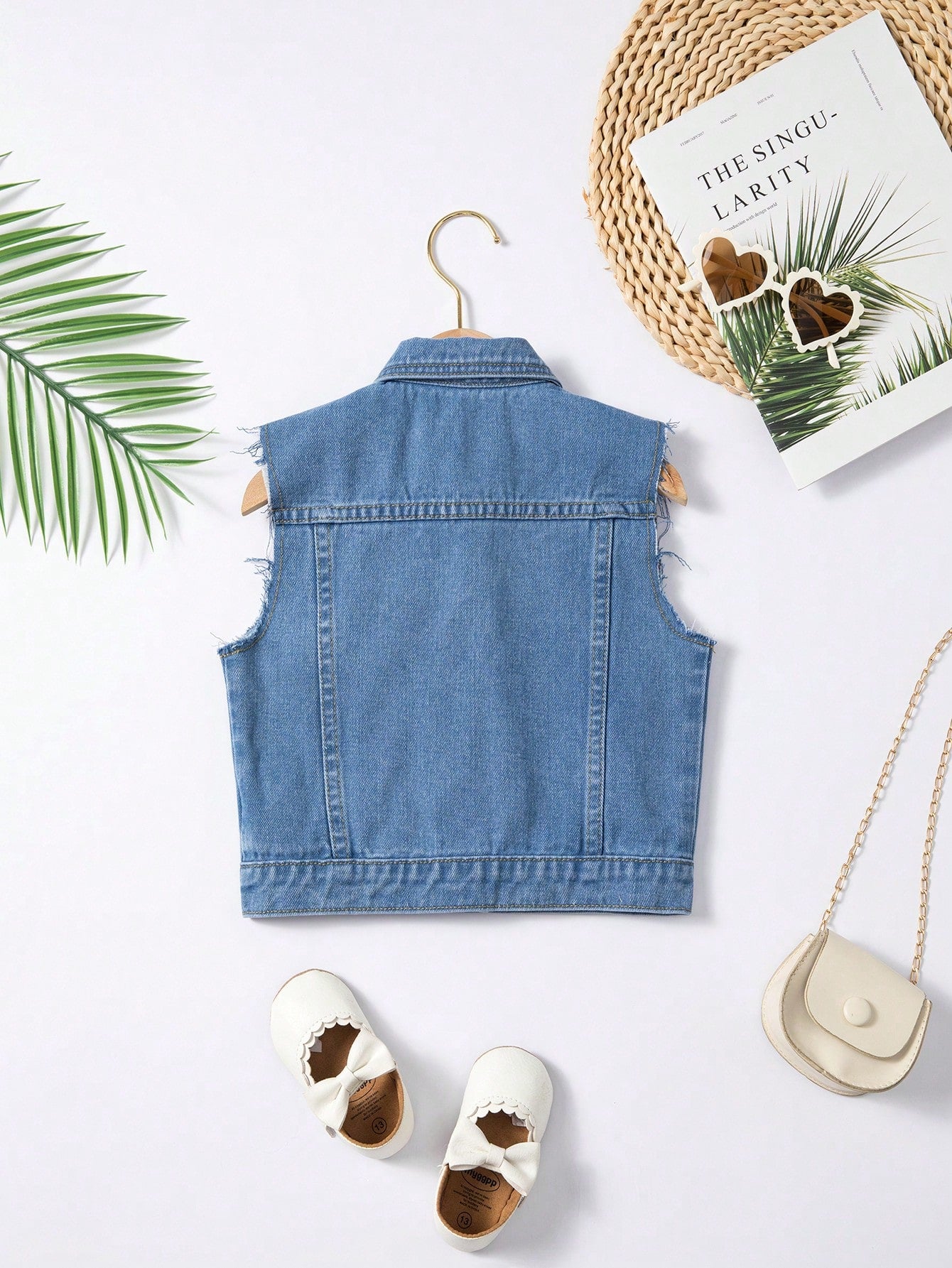 Medium Wash Blue Distressed Sleeveless Denim Jacket For Little Girls