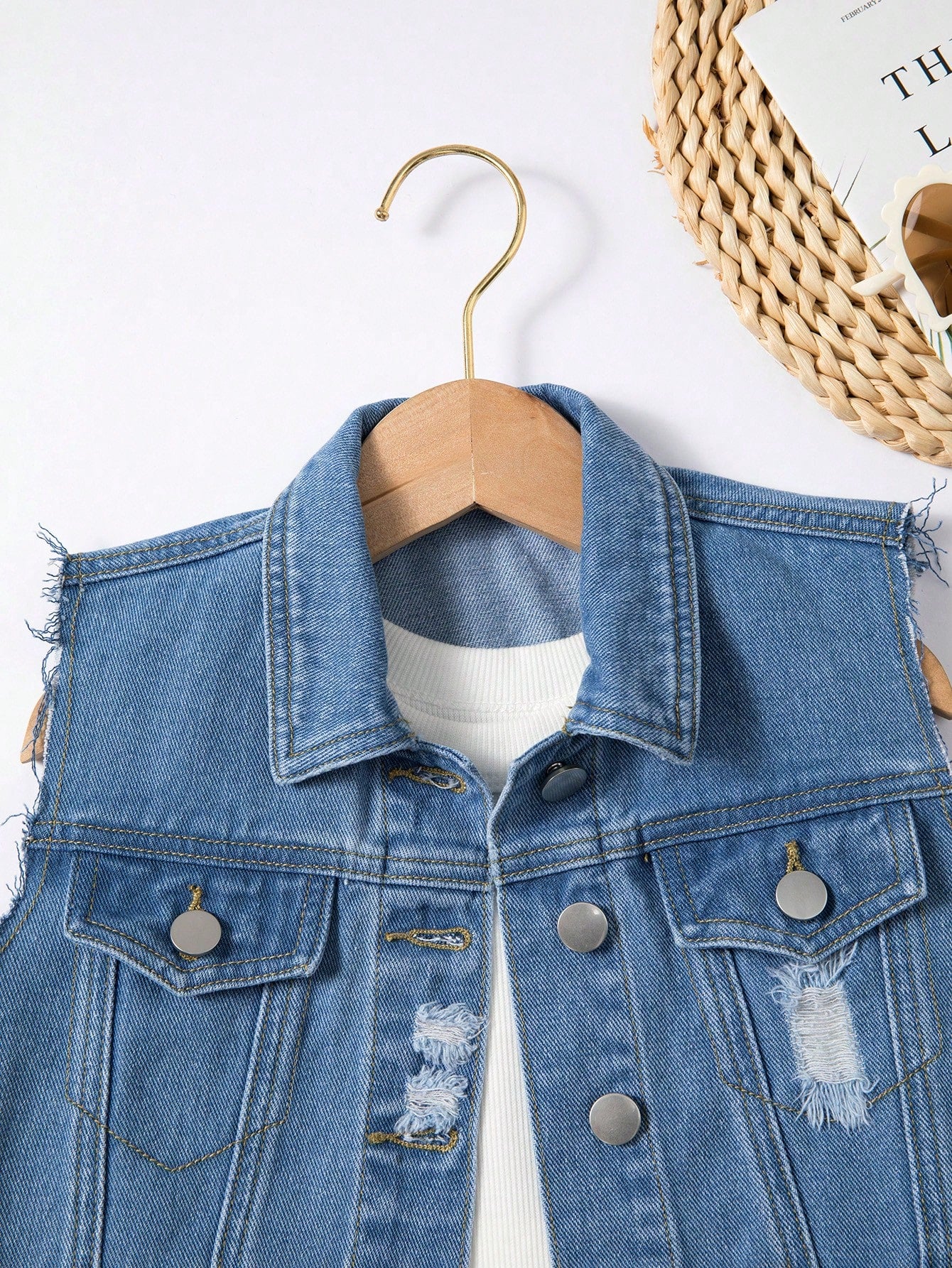 Medium Wash Blue Distressed Sleeveless Denim Jacket For Little Girls