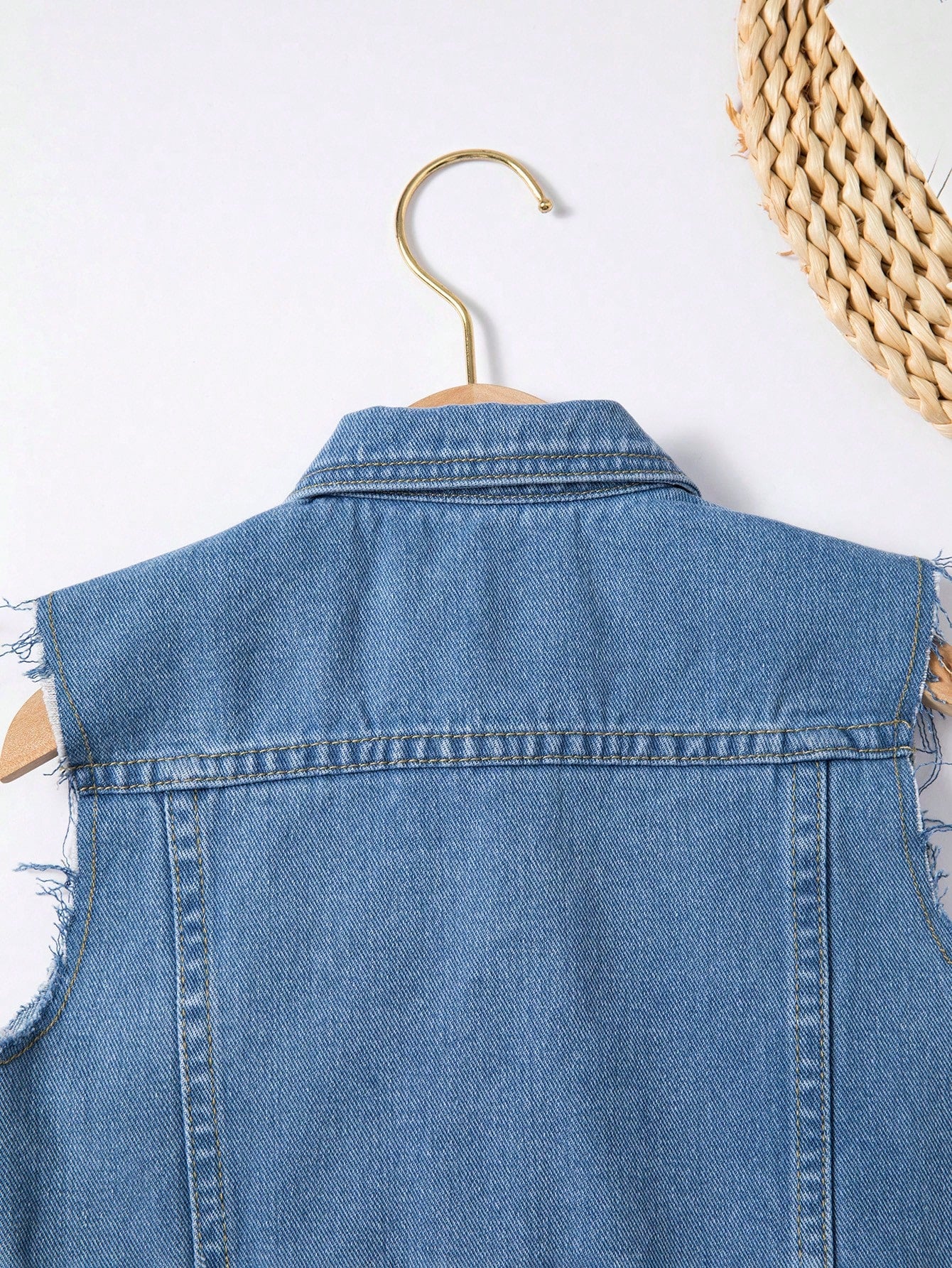 Medium Wash Blue Distressed Sleeveless Denim Jacket For Little Girls