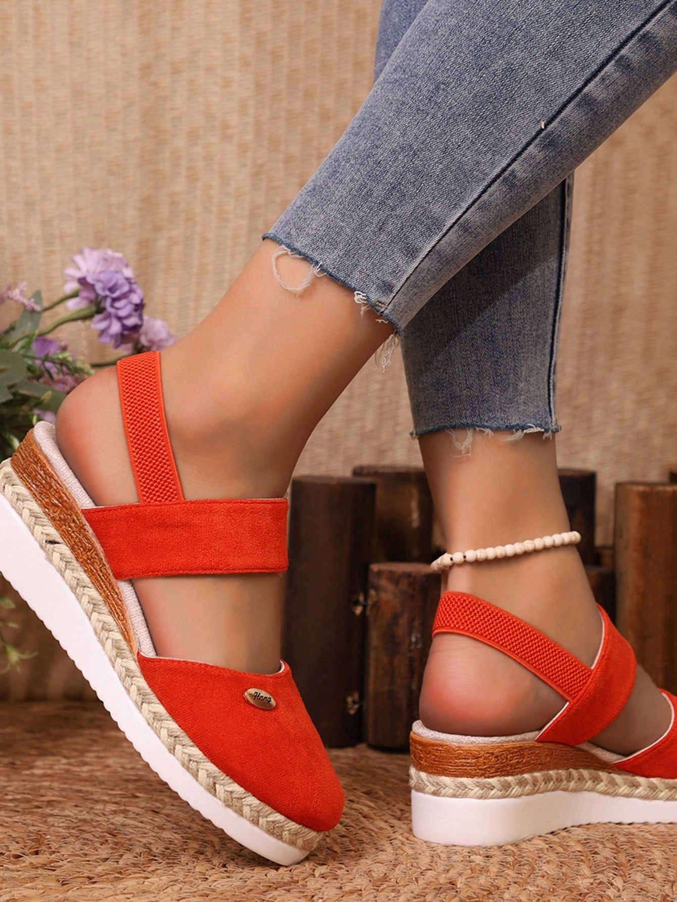 2024 Spring/Autumn New Arrival Wedge Heel Casual Roman High-Heel Shoes, Simple Fashionable Korean-Style All-Match Thick-Soled Red Shoes