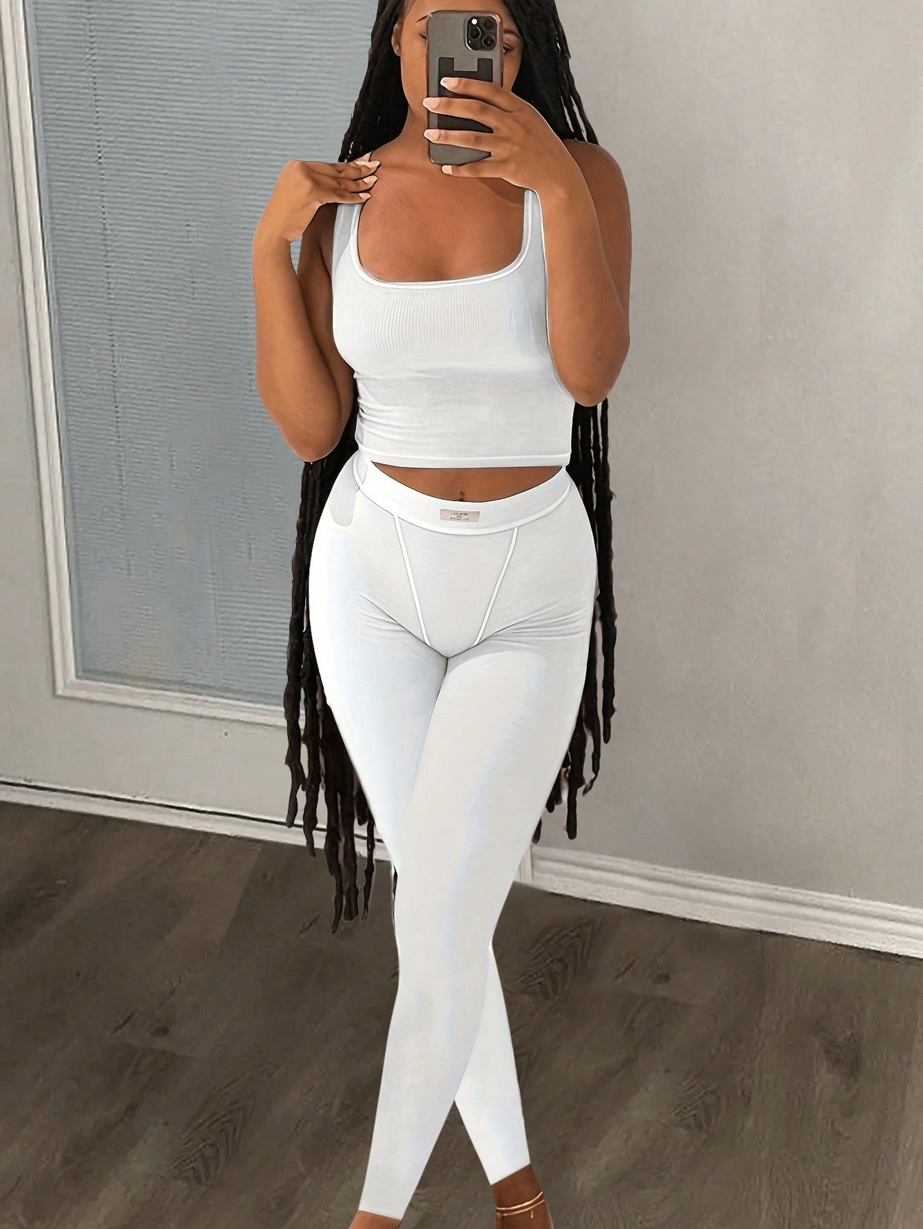 Simple Summer Sports Set For Women, Including Basic Tight-Fit Knitted Rib Top With Square Neck And High Elastic Waistband Skinny Pants, 2pcs/Set, Style E