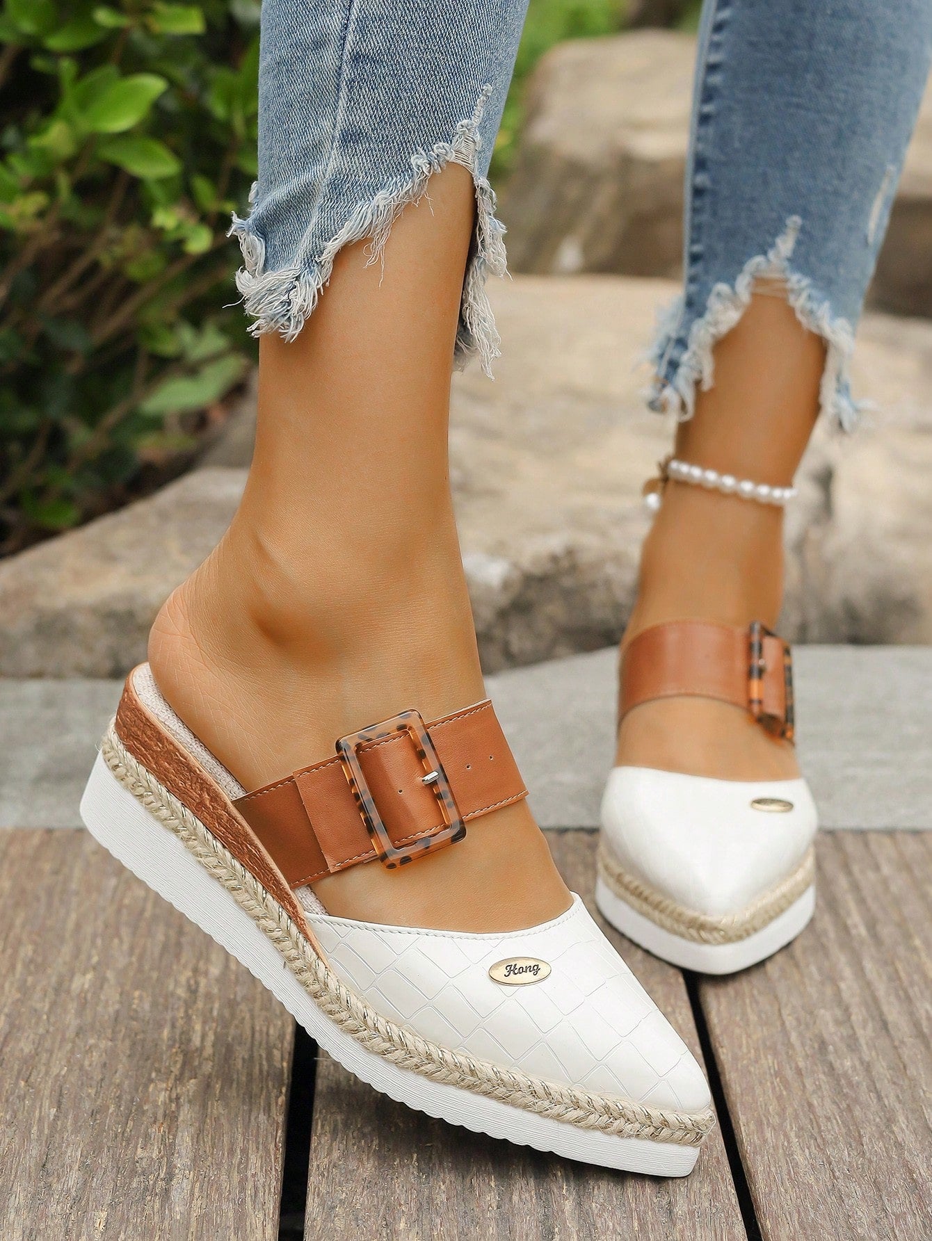 Women's Wedge & Platform Shoes, Orange High Heels With Stone Patterned Leather Surface, Woven Espadrilles And Thick Sole With One Buckle Strap, Pointed Toe Shallow Mouth Shoes, Plus Size; Beige High Heels With Stone Patterned Leather Surface, Woven Espadr