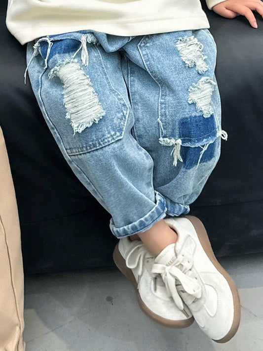 Young Boy Spring Loose-Fit Fashion Ripped Patchwork Jeans