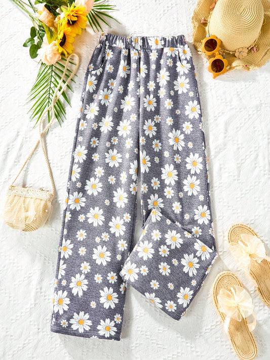 Girls' Daisy Allover Print Casual Straight Leg Cropped Pants