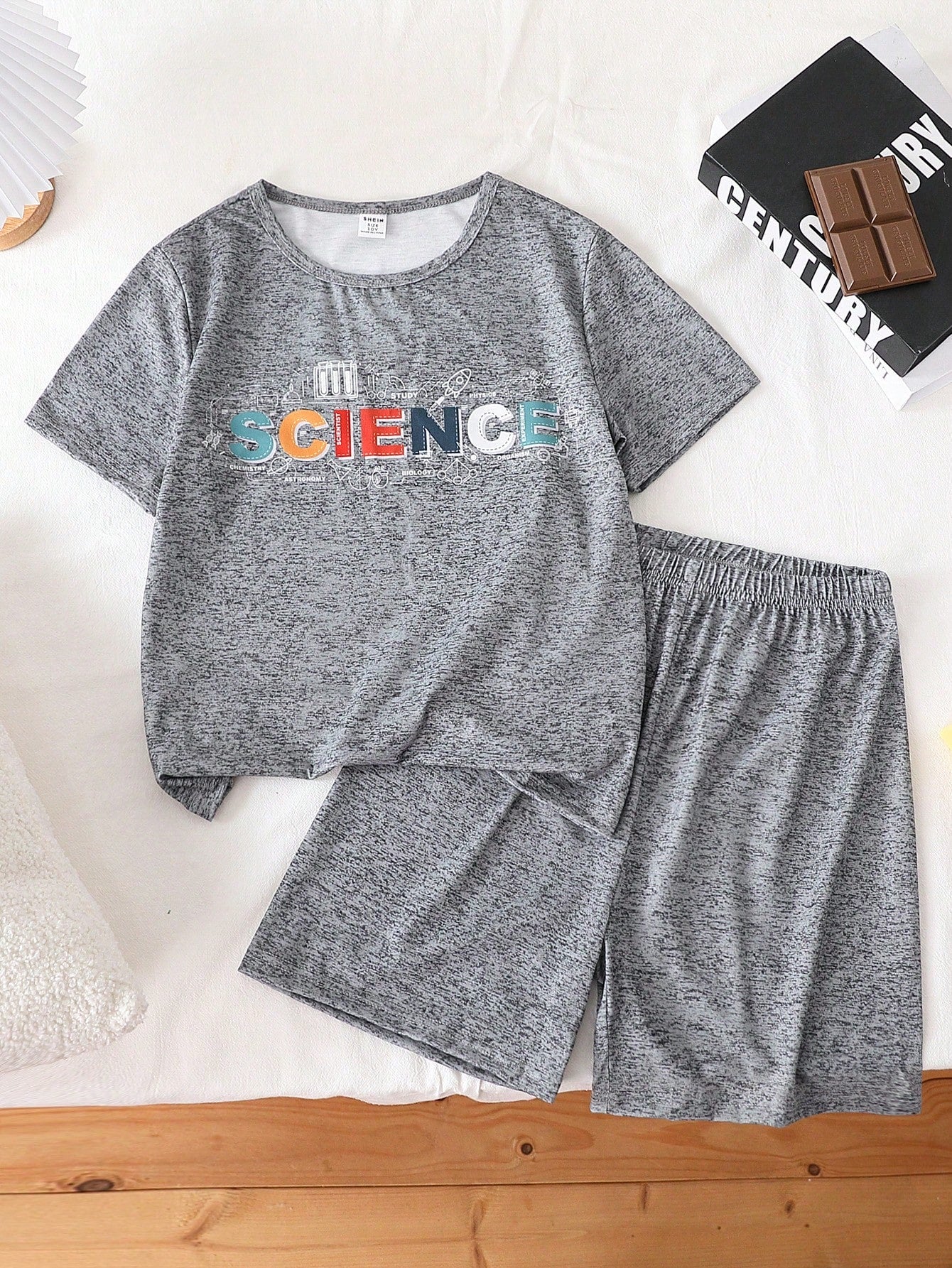 Tween Boy Gray Simple Letter Print Short Sleeve Shorts Casual 2-Piece Homewear Set