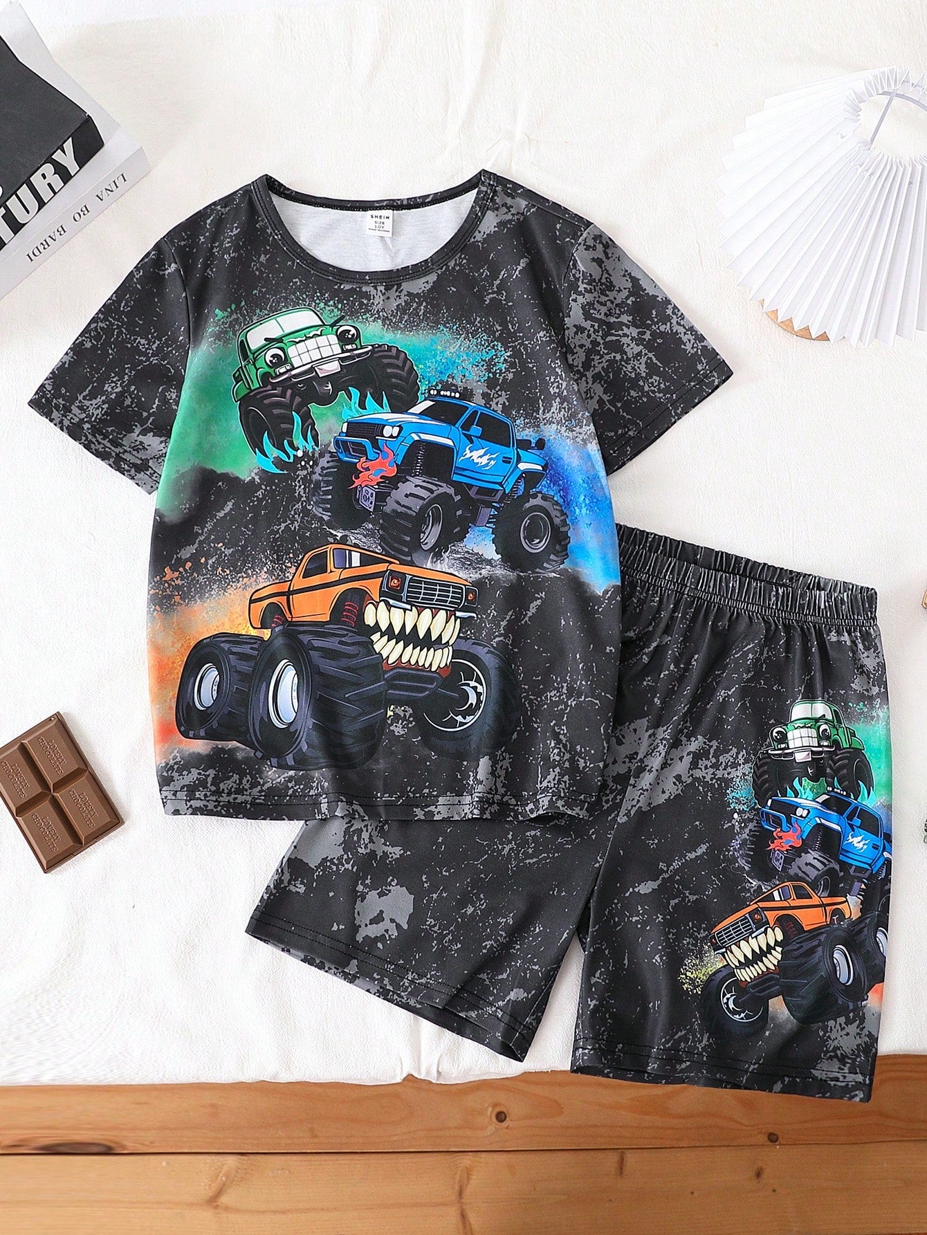 Tween Boy Cool Truck Printed Short Sleeve Top And Shorts Two-Piece Set, For Home Or Casual Wear