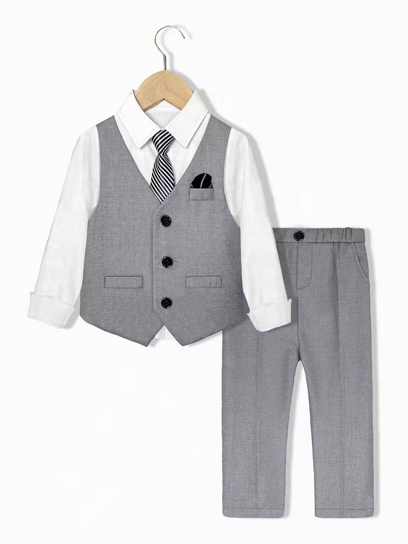 Young Boy Solid Color Flower Boy Birthday Performance Suit Gentleman Suit Three-Piece Set Vest And Long Pants And Bow Tie Suit