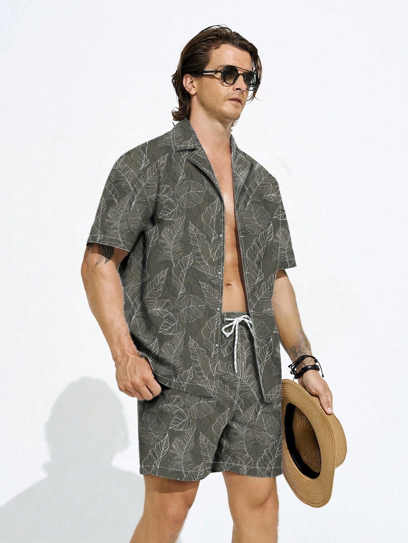 Men's Vacation Casual Plant Allover Print Short Sleeve Shirt And Shorts Beach Set