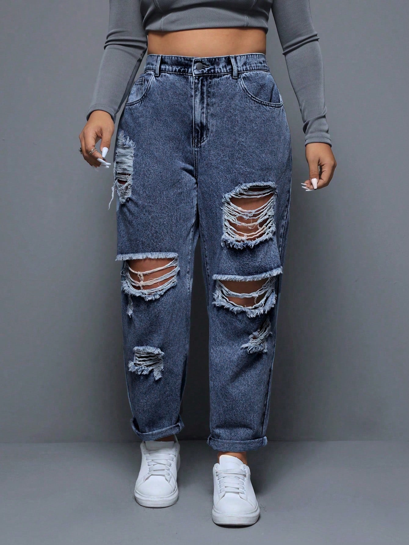 Plus Size Spring/Summer Casual Distressed Frayed Hem Tapered Jeans