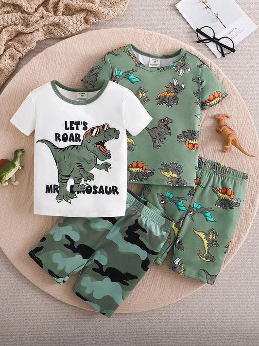 Young Boy Snug Fit Dinosaur & Camouflage Pattern Summer Casual And Comfortable Short Sleeve & Shorts Knit Homewear Pajama Set, 4pcs