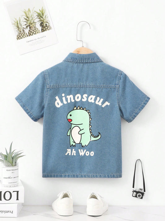 Young Boy Casual Cute Dinosaur Printed Denim Shirt For Daily Wear