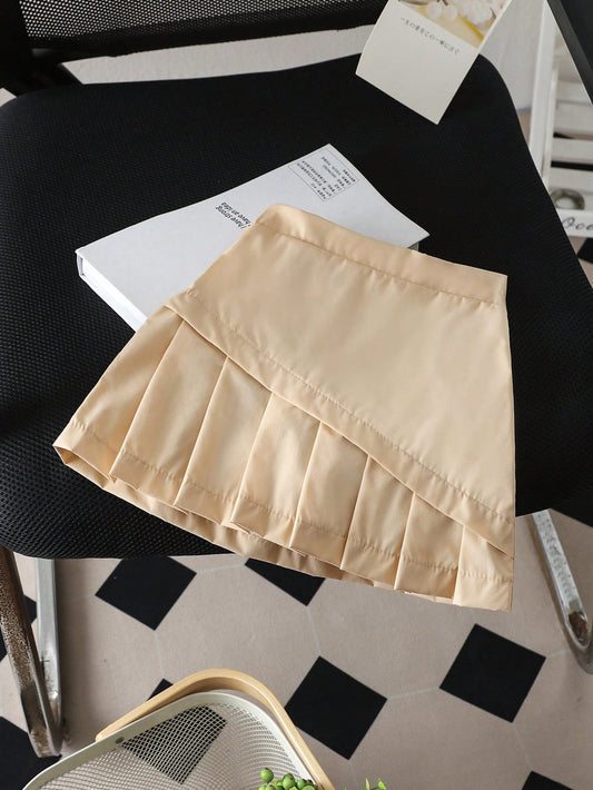 1pc Young Girl Casual Khaki-Colored Irregular Pleated Skirt, Elastic Waist With Half Skirt, Perfect For Commuting To School