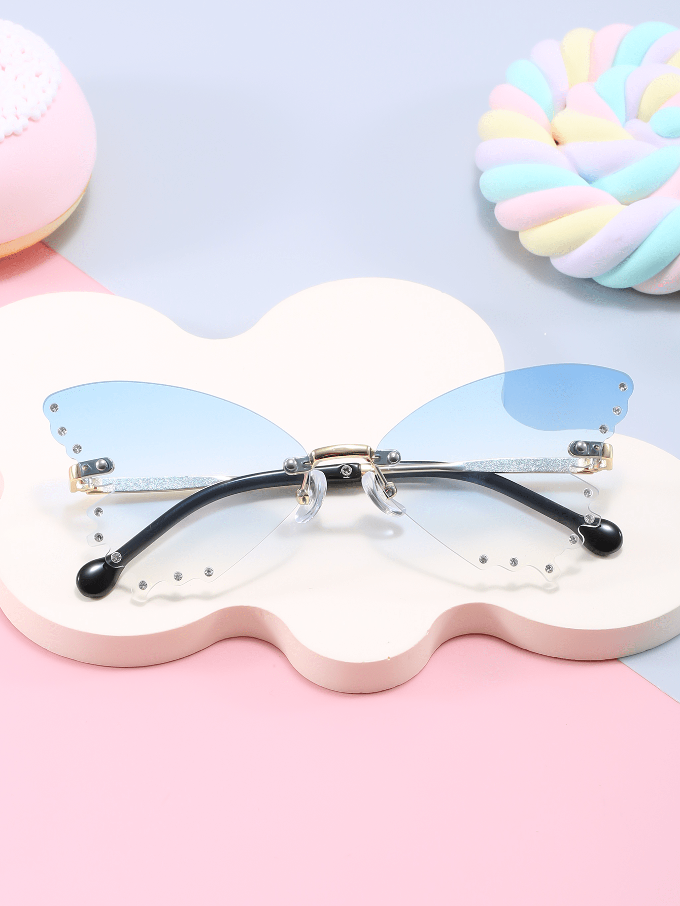 1pc Half-Metal Unframed Diamond Butterfly Shaped Sunglasses For Children, Outdoor Travel Sunshade, With Glasses Box And Cloth