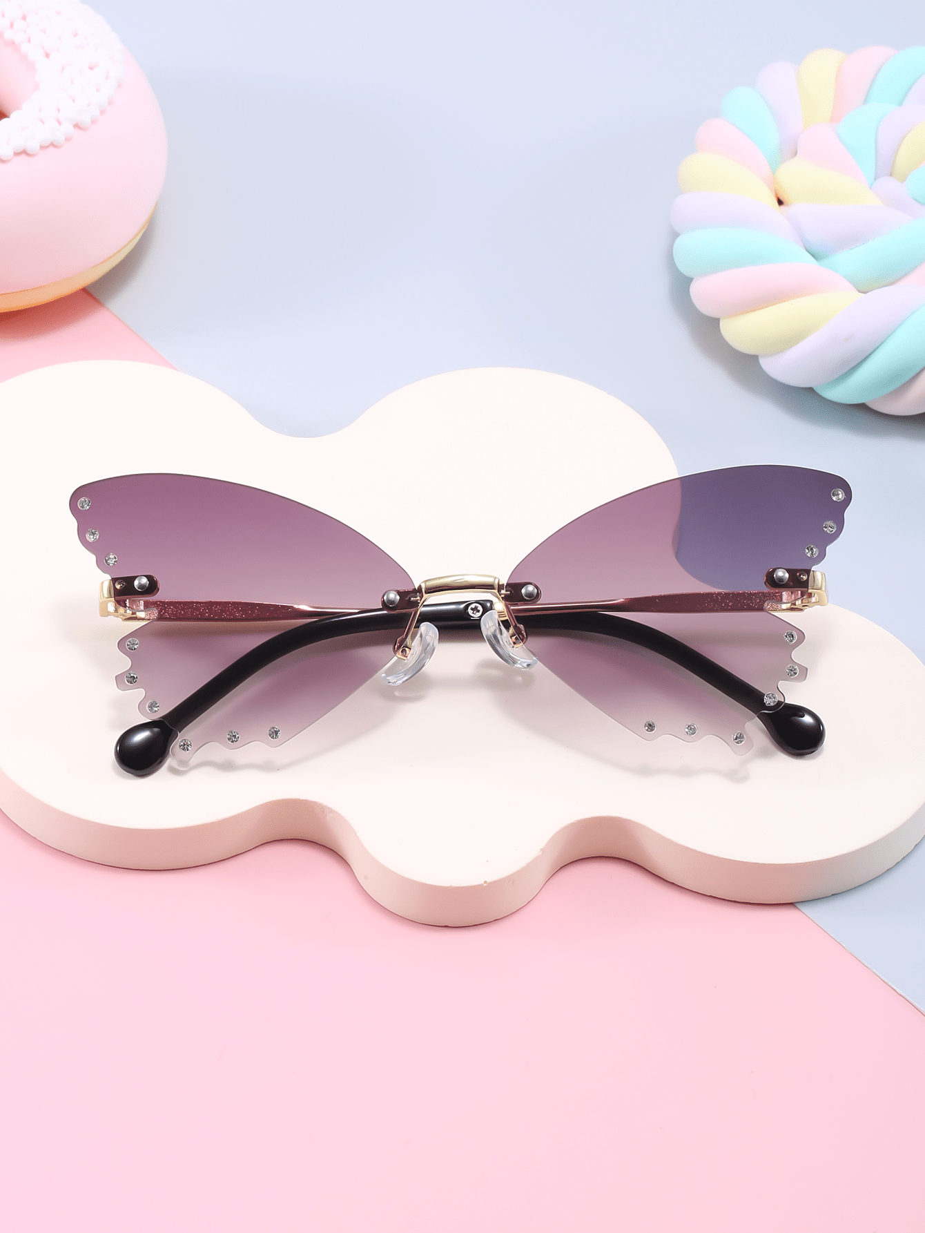 1pc Half-Metal Unframed Diamond Butterfly Shaped Sunglasses For Children, Outdoor Travel Sunshade, With Glasses Box And Cloth