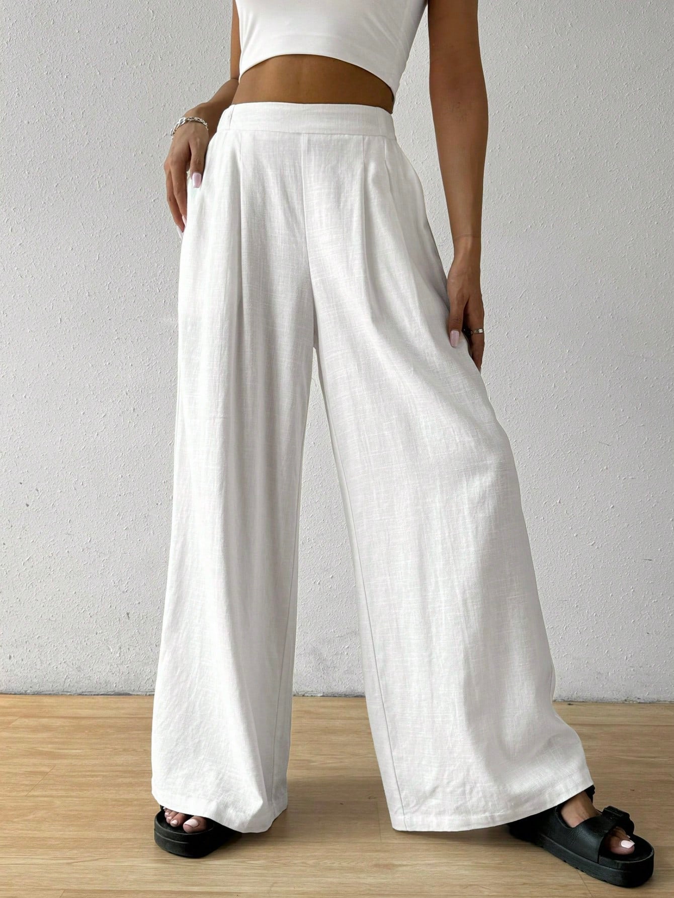 Women's Solid Color Pleated Wide Leg Pants