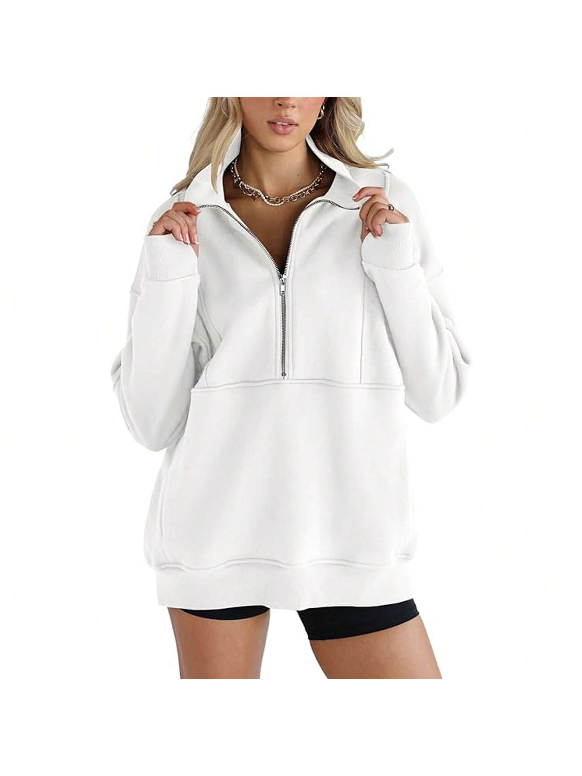 PiePieB Women's Half Zip Sweatshirts Fleece Stand Collar Long Sleeve Thumb Hole Oversized Pullovers With Pockets