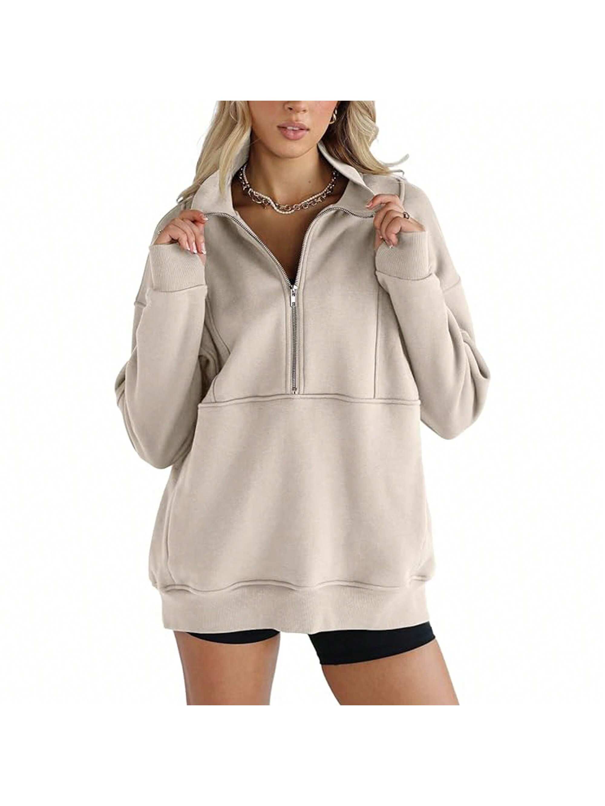 PiePieB Women's Half Zip Sweatshirts Fleece Stand Collar Long Sleeve Thumb Hole Oversized Pullovers With Pockets