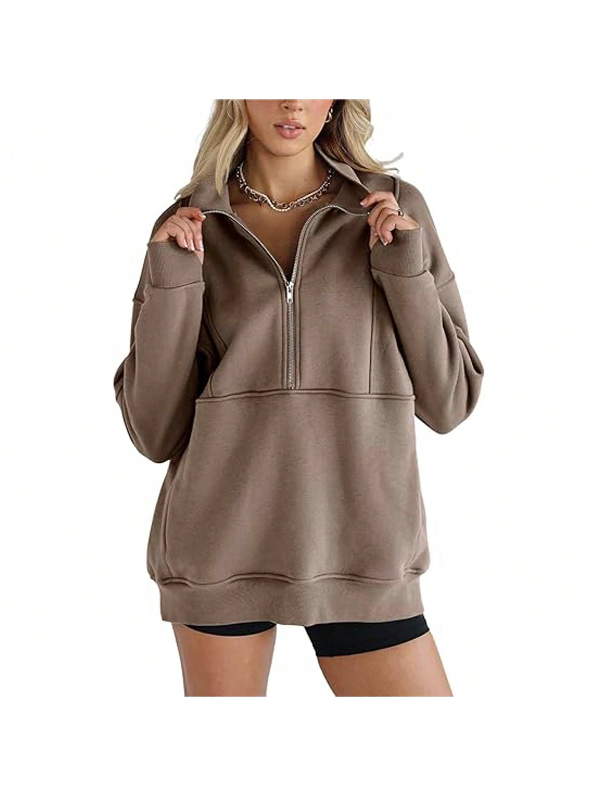 PiePieB Women's Half Zip Sweatshirts Fleece Stand Collar Long Sleeve Thumb Hole Oversized Pullovers With Pockets