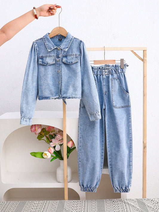 Tween Girl Basic Casual Vacation Puff Sleeve Denim Top With Tie Hem & Loose Fit Straight Jeans Set